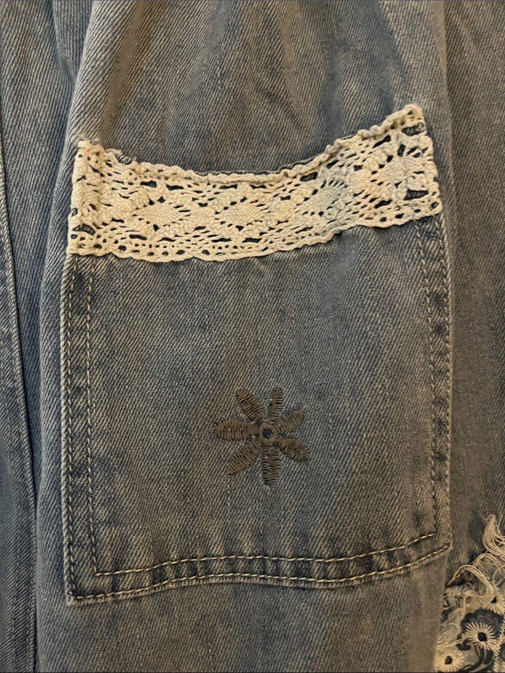 NWOT POL Denim Floral & Lace Patchwork Harem Pants w/Elastic Drawstring Waist - Picture 9 of 11